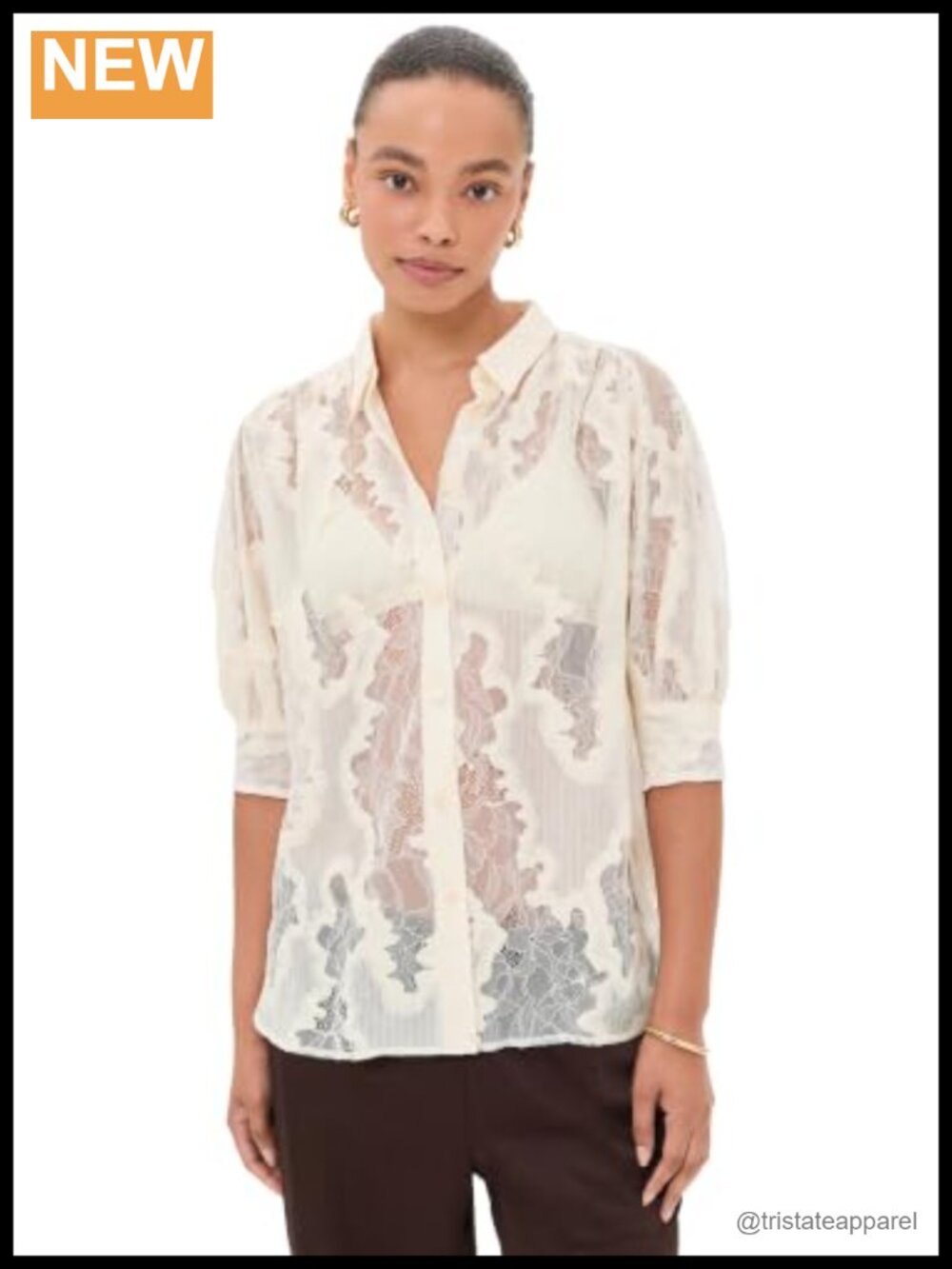 Women's Button-Up Shirt Floral Lace 3/4 Sleeve Pleated
